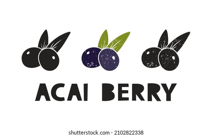 Acai berry, silhouette icons set with lettering. Imitation of stamp, print with scuffs. Simple black shape and color vector illustration. Hand drawn isolated elements on white background