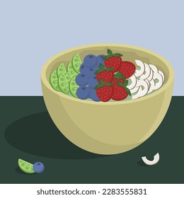 Acai bowl with nuts and different fruits. Healthy Brazilian food theme. 