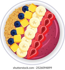 Acai Bowl com morango, fatias de banana, cubos de manga, Blueberry e aveia Toppings. Brasil saudável Smoothie Bowl Top View ilustração detalhada 