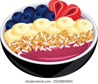 Acai Bowl with Strawberry, Blueberry, Banana Slices, Oats and Coconut Toppings. Brazilian Smoothie Bowl Illustration 