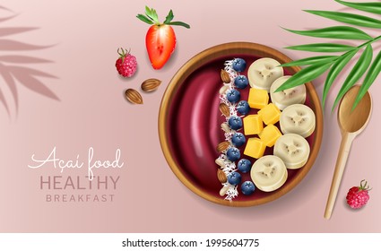 Acai Bowl Vector Realistic Mock Up. Fresh Fruits. Product Placement Menu Page