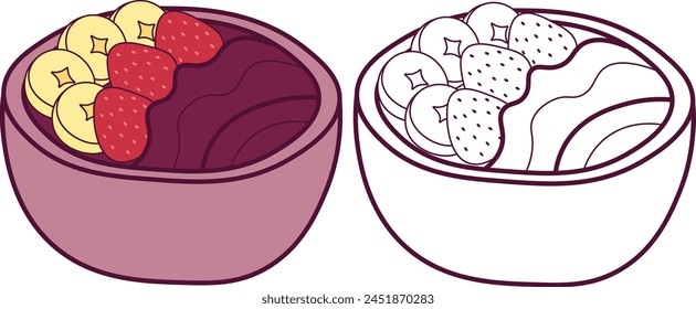 Acai bowl wit banana and strawberry. Vector illustration with colors and white line art.