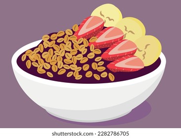 Açaí, açai, acai brazilian superfood in bowl with oat, mint and banana topping. Colorful vector illustration, icon.