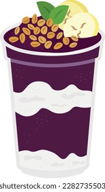 Açaí, açai, acai brazilian superfood in plastic cup with oat, mint and banana topping. Colorful vector illustration, icon.