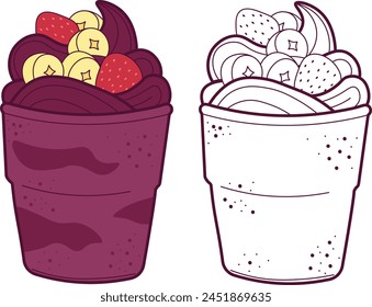 Acai in cup wit banana and strawberry. Vector illustration with colors and white line art.