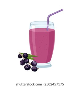 Acai juice in glass with straw. Vector cartoon flat illustration. Healthy organic drink and fresh berry.