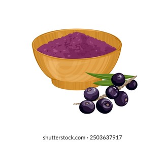 Acai powder in bowl and fresh berry isolated on white background. Vector cartoon flat illustration.