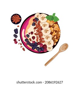 Acai Smoothie Bowl with banana, blackberry, cereal, raspberry, almond, top view.Vegan smoothie bowl with berries, hand drawing on a yellow background.Healthy vegan dessert.Vector,flat lay healthy food