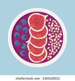 Acai smoothie bowl with figs, blueberries and oats, top view. Healthy natural breakfast. Portion of acai smoothie with fruits in a bowl isolated on background. Vector hand drawn illustration.