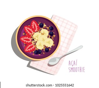 Acai Smoothie Bowl - Acai fruit energy bowl with strawberries, banana and granola topping. Healthy summer meal with napkin and spoon. Top view isolated vector illustration.