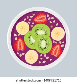 Acai smoothie bowl with kiwi, banana, strawberries and oats, top view. Healthy natural breakfast. Portion of acai smoothie with fruits and berries in a bowl isolated on background. Vector illustration