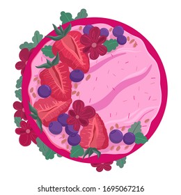 Acai smoothie bowl with strawberries, blueberries, flowers top view. Healthy natural breakfast. Portion of smoothie with fruits in a bowl isolated on white background. Vector hand drawn illustration