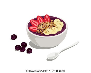 acai special: delicious and healthy meal of acai cream bowl with strawberry, granola and banana on top