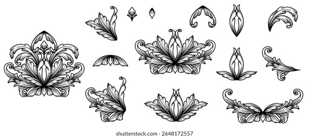 Acanthus Floral Ornament. Baroque victorian damask engraved decorative vector frames and borders collection. Set hand drawn luxury vintage gothic foliage, floral design elements for tattoo, pattern