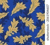 Acanthus leaf vector seamless pattern background. Arts and crafts style hand drawn vintage gold leaves on royal blue foliage silhouette textured backdrop. Elegant, luxury botanical all over print.