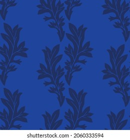 Acanthus leaf vector seamless pattern background. Elegant black blue duotone backdrop with hand drawn stylized leaves. Trailing vertical foliage geometric design. Luxury botanical all over print.