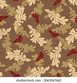 Acanthus leaf vector seamless pattern background. Arts and crafts style hand drawn stylized beige green leaves on brown foliage and sprig textured backdrop. Luxury elegant botanical all over print.