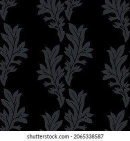 Acanthus leaf vector seamless pattern background. Elegant black grey monochrome backdrop with hand drawn stylized leaves. Trailing vertical foliage geometric design. Luxury botanical all over print.