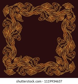 Acanthus plant leaves arranged in intricate square frame. Popular decorative motif in antiquity and baroque art. Tattoo design. Luxury golden linear drawing on a dark brown background. EPS10 vector