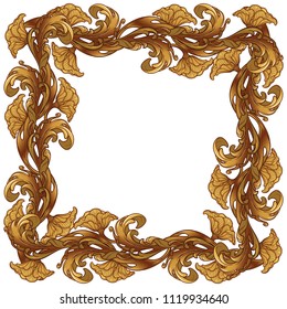 Acanthus plant leaves arranged in intricate square frame. Popular decorative motif in antiquity and baroque art. Tattoo design. Luxury golden linear drawing on white background. EPS10 vector