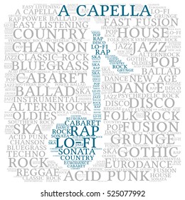 Acapella. Word cloud, musical notes, gray font, white background. Variety of music.