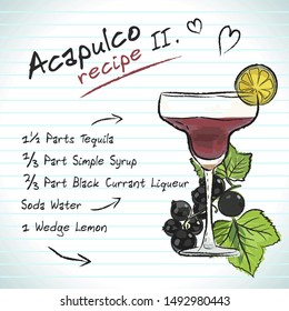 Acapulco cocktail, vector sketch hand drawn illustration, fresh summer alcoholic drink with recipe and fruits	
