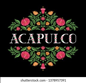 Acapulco, Mexico illustration vector. Black background with traditional flowers pattern from mexican embroidery floral ornament design.