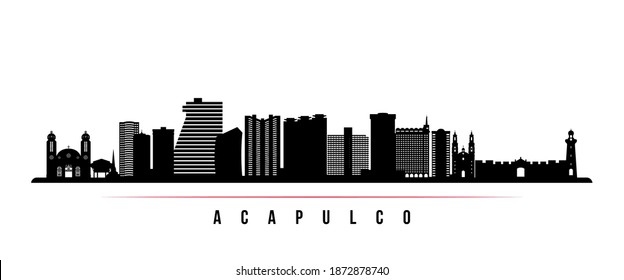 Acapulco skyline horizontal banner. Black and white silhouette of Acapulco City, Mexico. Vector template for your design. 