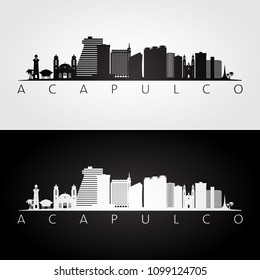 Acapulco skyline and landmarks silhouette, black and white design, vector illustration.