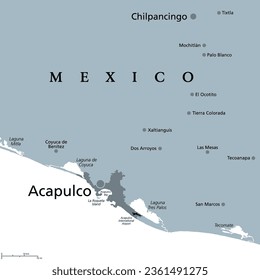 Acapulco and surroundings, gray political map. Acapulco de Juarez, city and major port of call in state of Guerrero on Pacific Coast of Mexico. Popular tourist spot and port of call for cruise ships.