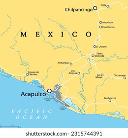 Acapulco y alrededores, mapa político. Acapulco de Juárez, ciudad y principal puerto de escala en el estado de Guerrero en la costa del Pacífico de México. Lugar turístico popular y puerto de escala para cruceros.