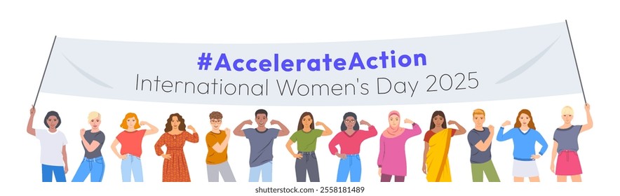 Accelerate Action campaign. International Women's Day 2025. Women and men of different ethnicities holding a banner with slogan to show solidarity and support for women's rights and gender equality