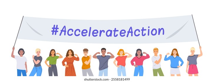 Accelerate Action campaign. International Women's Day 2025. Women and men of different ethnicities holding a banner with slogan to show solidarity and support for women's rights and gender equality