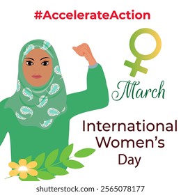 Accelerate Action campaign pose. Different women with #AccelerateAction message on International Women's Day. Campaign concept 2025. March 8. Banner for awareness and equality campaigns. Vector.