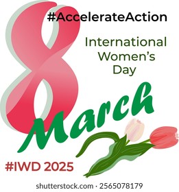 Accelerate Action campaign pose. Different women with #AccelerateAction message on International Women's Day. Campaign concept 2025. March 8. Banner for awareness and equality campaigns. Vector.