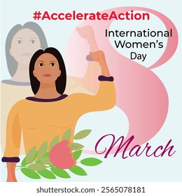 Accelerate Action campaign pose. Different women with #AccelerateAction message on International Women's Day. Campaign concept 2025. March 8. Banner for awareness and equality campaigns. Vector.