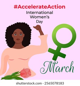 Accelerate Action campaign pose. Different women with #AccelerateAction message on International Women's Day. Campaign concept 2025. March 8. Banner for awareness and equality campaigns. Vector.