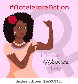 Accelerate Action campaign pose. Different women with #AccelerateAction message on International Women's Day. Campaign concept 2025. March 8. Banner for awareness and equality campaigns. Vector.