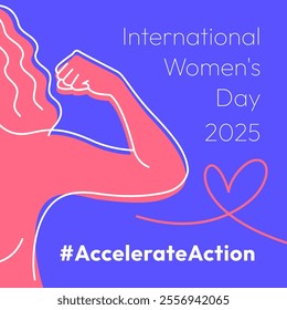 Accelerate Action campaign pose. International Women's Day 2025. Outline woman doing strength gesture with arm to show solidarity and support for women's rights and gender equality. Square banner