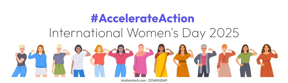 Accelerate Action campaign pose. International Women's Day 2025. Diverse women show solidarity and support to stop discrimination. Collective global activism for women's rights and gender equality