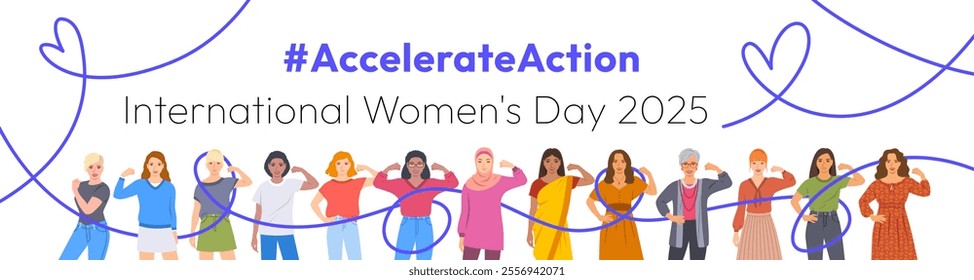 Accelerate Action campaign pose. International Women's Day 2025. Diverse women show solidarity and support to stop discrimination. Collective global activism for women's rights and gender equality