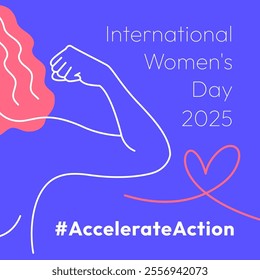 Accelerate Action campaign pose. International Women's Day 2025. Outline woman doing strength gesture with arm to show solidarity and support for women's rights and gender equality. Square banner