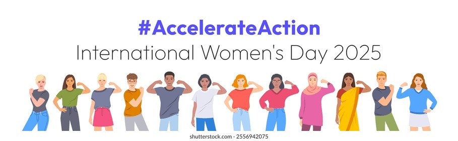 Accelerate Action campaign pose. International Women's Day 2025. Diverse women, men show solidarity and support to stop discrimination. Collective global activism for women's rights, gender equality