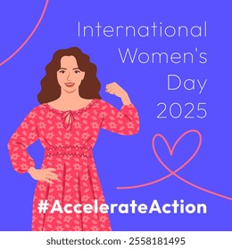 Accelerate Action campaign pose. International Women's Day 2025 theme. Beautiful woman demonstrates a strong arm to show solidarity and support for women's rights and gender equality. Square banner