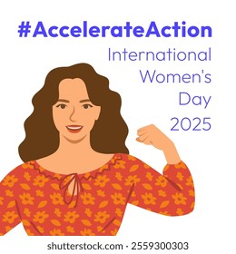 Accelerate Action campaign pose. International Women's Day 2025 theme. Beautiful woman demonstrates a strong arm to show solidarity and support for women's rights and gender equality. Square banner