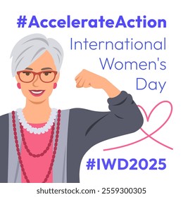 Accelerate Action campaign pose. International Women's Day 2025 theme. Mature woman demonstrates a strong arm to show solidarity and support for women's rights and gender equality. Square banner