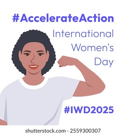 Accelerate Action campaign pose. International Women's Day 2025 theme. Black woman demonstrates a strong arm to show solidarity and support for women's rights and gender equality. Square banner