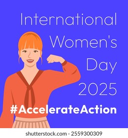 Accelerate Action campaign pose. International Women's Day 2025 theme. Beautiful girl demonstrates a strong arm to show solidarity and support for women's rights and gender equality. Square banner