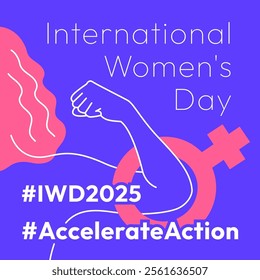 Accelerate Action campaign pose. International Women's Day 2025. Outline woman doing strength gesture with arm to show solidarity and support for women's rights and gender equality. Square banner