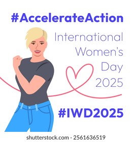 Accelerate Action campaign pose. International Women's Day 2025 theme. Young woman demonstrates a strong arm to show solidarity and support for women's rights and gender equality. Square banner